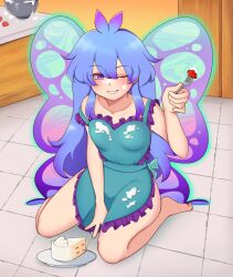  100_percent_orange_juice 1girl ahoge apron back_bow bare_legs barefoot blue_apron blue_bow blue_hair blue_wings bow breasts butterfly_wings cake collarbone commentary cream cream_on_clothes cream_on_face english_commentary food food_on_face fork frilled_apron frills full_body grin highres holding holding_fork indoors insect_wings kitchen long_hair looking_at_viewer naked_apron one_eye_closed plate purple_apron purple_eyes purple_wings sidelocks sitting small_breasts smile solo sweet_creator_(orange_juice) takoyan_(takoyaart) tile_floor tiles very_long_hair waist_bow wariza wings 