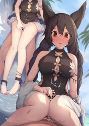  1boy 1girl after_thigh_sex animal_ears anklet artist_request beach black_hair blush braid brown_eyes censored china_dress chinese_clothes cum cum_on_body cum_on_legs cum_on_lower_body dress ejaculation embarrassed erection face faceless faceless_male granblue_fantasy hetero highres jewelry long_hair looking_down nier_(granblue_fantasy) ocean palm_tree penis sitting sitting_on_person thigh_sex toe_scrunch tree water  rating:Explicit score:127 user:xtasy