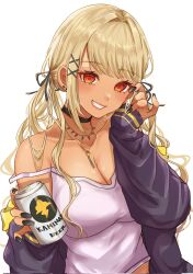  1girl alcohol beer black_choker black_jacket black_nails black_ribbon blonde_hair blush breasts can character_name choker cleavage cloud collarbone ear_piercing english_text fingernails gradient_eyes grin hair_intakes hair_ornament hair_ribbon highres holding holding_can jacket jewelry kaminari_qpi kaminari_qpi_(1st_costume) large_breasts lightning looking_at_viewer low_twintails miya_(_32miya107) multicolored_eyes necklace open_clothes open_jacket piercing red_eyes ribbon simple_background smile solo swept_bangs tan tank_top teeth twintails virtual_youtuber vspo! wavy_hair white_background white_tank_top x_hair_ornament 