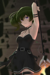  1girl arm_strap arm_up armlet armpits bare_shoulders belt black_belt black_choker black_dress black_gloves breasts choker cleavage dress gloves green_hair hair_between_eyes highres holding long_hair looking_at_viewer mage_staff medium_breasts pleated_dress purple_eyes side_ponytail single_glove siraha smile solo sousou_no_frieren thigh_strap ubel_(sousou_no_frieren) 