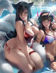 2girls ahri_(league_of_legends) animal_ears bikini black_hair blizzard_(company) blue_bikini breasts brown_eyes brown_hair cleavage d.va_(overwatch) facial_mark fox_ears fox_girl fox_tail headphones highres hip_focus large_breasts league_of_legends long_hair looking_at_viewer medium_breasts multiple_girls multiple_tails nail_polish navel overwatch overwatch_1 pool red_bikini riot_games sakimichan sitting stomach summer swimsuit tail thighs waifu2x water wet whisker_markings yellow_eyes rating:Sensitive score:170 user:niabot