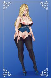 1girl bare_arms bare_shoulders black_bra black_thighhighs blonde_hair blue_background blue_hair blush bottomless bra breasts choker cleavage closed_mouth collarbone corset female_pubic_hair full_body fullmetal_alchemist garter_straps gradient_background hair_over_one_eye high_heels highres large_breasts legs lips lm_(legoman) long_hair looking_at_viewer navel nipples olivier_mira_armstrong platform_footwear pubic_hair pussy revealing_clothes sandals shunori simple_background solo standing strapless thick_thighs thighhighs thighs uncensored underwear  rating:Explicit score:91 user:DarkToonLink
