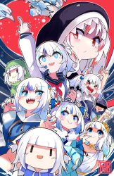 &gt;_&lt; 6+girls :d animal_ears animal_hood arm_up blue_eyes blue_hair blue_nails blue_sailor_collar cat_ears censored chibi claw_pose cup fur_collar gawr_gura gawr_gura_(1st_costume) gawr_gura_(party_dress) gawr_gura_(casual) gawr_gura_(new_year) hair_ornament holding holding_cup hololive hololive_english hood identity_censor long_sleeves middle_finger multiple_girls multiple_persona neckerchief open_mouth phibonnachee red_eyes red_hair red_neckerchief reflect_(gawr_gura) sailor_collar senzawa shaded_face shark_hair_ornament shark_hood sharp_teeth side_ponytail smile smol_gura teeth two_side_up virtual_youtuber xd