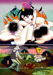  1girl 2boys arms_on_knees bandaid bandaid_on_knee bandaid_on_leg baseball_cap battle black_eyes black_footwear black_hair block_(mario) blood blood_splatter breasts cardboard_cutout cloud commentary commentary_request covered_mouth earbuds earphones english_commentary english_text facing_away fire gameplay_mechanics giant giantess gradient_sky hair_bobbles hair_ornament halftone_texture hand_cursor hand_on_own_arm hand_on_own_head hat holding_tennis_racket hood hood_down hoodie long_hair long_sleeves looking_at_viewer mask medium_breasts mixed-language_commentary mount_fuji mouth_mask multiple_boys nemo_brand nude one_side_up original pants rainbow shoes sky sneakers white_hat white_hoodie white_pants 