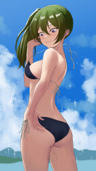  1girl absurdres adjusting_clothes adjusting_swimsuit ass back bikini blue_sky breasts cloud cowboy_shot day from_behind green_hair high_side_ponytail highres looking_back looking_down medium_breasts outdoors purple_eyes sasasa_r_23 sky solo sousou_no_frieren swimsuit thighs twisted_torso ubel_(sousou_no_frieren) untied_bikini wardrobe_malfunction water wedgie wet 