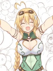  1girl ahoge armpits balloon balloon_vine_(flower_knight_girl) blonde_hair braid breasts cleavage cleavage_cutout clothing_cutout closed_eyes facing_viewer flower_knight_girl goggles goggles_on_head large_breasts long_hair morino_harifu outstretched_arms shirt sketch smile solo spread_arms upper_body white_background 