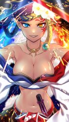 1girl absurdres artist_name bare_shoulders blonde_hair blue_eyes blue_hair breasts cleavage heterochromia highres jaen_(youkai_watch) large_breasts looking_at_viewer midriff navel parted_lips paxmagellanic3 pointy_ears solo yellow_eyes youkai_watch youkai_watch:_punipuni 