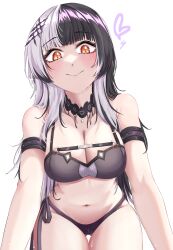  1girl absurdres all_fours bikini black_bikini black_choker black_hair blush breasts choker cleavage closed_mouth from_below grey_hair hair_ornament heart highres hololive hololive_english lace lace-trimmed_choker lace_choker lace_trim large_breasts long_hair looking_at_viewer mmneko multicolored_hair navel shiori_novella simple_background smile solo split-color_hair stomach straight-on sweat swimsuit thigh_gap two-tone_hair virtual_youtuber white_background yellow_eyes 