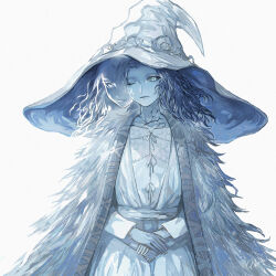  1girl blue_cloak blue_eyes blue_hair blue_lips blue_skin cloak closed_mouth colored_skin commentary_request cracked_skin dress elaine-didaea elden_ring extra_arms extra_faces facial_tattoo fur_cloak hat highres large_hat lips long_hair long_sleeves looking_at_viewer one_eye_closed own_hands_together ranni_the_witch simple_background smile solo tattoo wavy_hair white_background white_dress white_hat witch witch_hat 