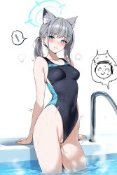  ! 1girl absurdres animal_ear_fluff animal_ears artistic_error ateoyh bar_censor bare_arms bare_legs bare_shoulders blue_archive blue_eyes breasts censored cleft_of_venus clothing_aside competition_swimsuit covered_erect_nipples covered_navel doodle_sensei_(blue_archive) extra_ears grey_hair hair_ornament halo highres looking_at_viewer official_alternate_costume one-piece_swimsuit peeing pussy sensei_(blue_archive) shiroko_(blue_archive) shiroko_(swimsuit)_(blue_archive) small_breasts spoken_exclamation_mark swimsuit swimsuit_aside thighs wardrobe_malfunction wet wolf_ears 
