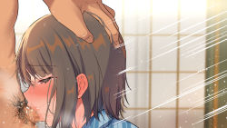 1girl blush brown_hair censored closed_eyes clothed_female_nude_male deepthroat embarrassed eyebrows_hidden_by_hair fellatio from_side head_out_of_frame highres indoors irrumatio japanese_clothes kimono male_pubic_hair medium_hair mosaic_censoring nude oral original penis pubic_hair seiso_niizuma_ga_yankie_senyou_onaho_ni_ochiru_made speed_lines standing upper_body rating:Explicit score:40 user:Ynyswydryn