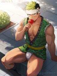  1boy abs_peek bara bare_legs black_hair blush bulge candy dated eating facial_hair feet_out_of_frame food fundoshi goatee gorioxxxx green_eyes green_hair green_happi headband highres holding holding_candy holding_food holding_lollipop ikusaba_daisuke japanese_clothes lollipop looking_at_viewer male_focus male_underwear multicolored_hair muscular muscular_male pectoral_cleavage pectorals sideburns sitting sleeveless solo tokyo_houkago_summoners twitter_username two-tone_hair undercut underwear white_headband white_male_underwear 