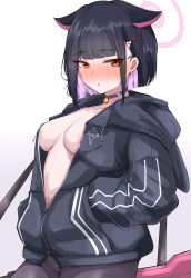  1girl animal_ears areola_slip black_choker black_hair blue_archive blush bren_lmg choker colored_inner_hair full-face_blush hair_ornament hairclip halo highres hood hooded_jacket jacket kazusa_(blue_archive) light_machine_gun looking_at_viewer machismo_fuji multicolored_hair open_clothes open_jacket pantyhose parted_lips pink_eyes pink_hair solo two-tone_hair  rating:Questionable score:67 user:danbooru