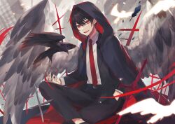  1boy animal belt bird black_hair cloak collared_shirt crow feathered_wings feathers formal hand_in_pocket highres hood hooded_cloak ichimishiyu jewelry looking_at_viewer male_focus necktie open_mouth original red_eyes ring shirt short_hair sitting smile solo suit tie_clip wings 
