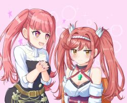  +_+ 2girls :d alternate_hairstyle bare_shoulders belt blush breasts cleavage closed_mouth commentary core_crystal_(xenoblade) detached_sleeves english_commentary eyelashes fire_emblem fire_emblem:_three_houses garreg_mach_monastery_uniform glimmer_(xenoblade) hilda_valentine_goneril medium_breasts multiple_girls nintendo open_mouth own_hands_clasped own_hands_together pink_background pink_hair purple_eyes sidelocks simple_background smile star_(symbol) tokuh_(toku_h_) twintails upper_body white_sleeves xenoblade_chronicles_(series) xenoblade_chronicles_3 xenoblade_chronicles_3:_future_redeemed yellow_eyes yellow_pupils  rating:Sensitive score:4 user:danbooru