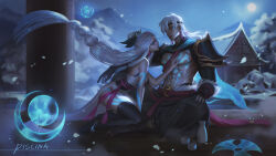  1boy 1girl abs absurdres alcohol armor artist_name black_gloves black_thighhighs blue_eyeshadow breasts eye_contact eyeshadow full_moon gloves hand_on_another&#039;s_chest headband hetero highres league_of_legends long_hair looking_at_another makeup medium_breasts moon mountainous_horizon navel night outdoors partially_fingerless_gloves pectorals piscina purple_eyes sake sitting snow_moon_syndra snow_moon_zed snowing syndra tattoo thighhighs tokkuri very_long_hair white_hair zed_(league_of_legends) 