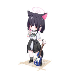  1girl :t ame. animal_ears black_collar black_footwear black_hair black_jacket blue_archive blush_stickers chibi closed_mouth clothes_around_waist clothes_writing collar commentary_request earrings eating electric_guitar fork full_body grey_socks guitar hair_ornament hairclip halo highres holding holding_fork instrument jacket jacket_around_waist jewelry kazusa_(band)_(blue_archive) kazusa_(blue_archive) loafers multicolored_hair pink_hair pleated_skirt red_eyes shirt shoes short_sleeves simple_background skirt socks solo standing stud_earrings two-tone_hair white_background white_shirt white_skirt wooden_floor 