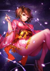  1girl ass breasts brown_hair cherry_blossoms commentary_request floral_print hair_ribbon highres hui_jie japanese_clothes kimono koutetsujou_no_kabaneri large_breasts long_sleeves looking_at_viewer mumei_(kabaneri) parted_lips petals photoshop_(medium) purple_ribbon red_eyes ribbon short_hair short_kimono solo twintails 