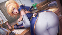  1girl ass blonde_hair blue_eyes blush breasts cameltoe desk from_behind genshin_impact gloves huge_ass jean_(genshin_impact) large_breasts looking_at_viewer looking_back pants parted_lips ponytail shiny_clothes shiny_skin short_hair sideboob solo tailcoat tight_clothes tight_pants winder 