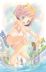  1girl absurdres bikini bird blue_eyes duck flat_chest hairband highres jumping marl_(project_witch) one-piece_tan one_side_up open_mouth outdoors outstretched_arms pen-kun pink_bikini pink_hair pool pop_(electromagneticwave) project_witch short_hair smile solo swimsuit tan tanline water 