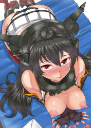 10s 1girl all_fours bad_id bad_pixiv_id bare_shoulders black_hair blush breasts brown_eyes fingerless_gloves gloves high_heels highres kantai_collection komusou_(jinrikisha) large_breasts long_hair looking_at_viewer looking_up nagato_(kancolle) nipples puffy_nipples solo rating:Questionable score:31 user:danbooru