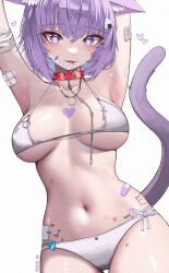  1girl absurdres animal_ear_fluff animal_ears bandages bite_mark blush breasts bug butterfly butterfly_tattoo cat_ears cat_girl cat_tail collar fangs food hair_between_eyes heart heart-shaped_pupils highres hololive insect jewelry kkato large_breasts necklace nekomata_okayu onigiri open_mouth panties purple_eyes purple_hair short_hair solo symbol-shaped_pupils tail tattoo underwear virtual_youtuber white_panties  rating:Questionable score:42 user:wormypoop