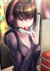  1girl absurdres ball_gag black_hair breasts breath collarbone covered_erect_nipples drooling female_focus gag headphones highres hood hoodie large_breasts looking_at_viewer mask mask_pull mochiohan mouth_mask original public_indecency purple_eyes saliva saliva_trail short_hair solo standing surgical_mask train train_interior upper_body  rating:Questionable score:37 user:mkx