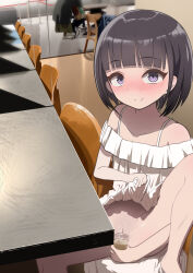  1girl absurdres blush brown_hair cleft_of_venus clothes_lift dress dress_lift funikuri highres lifted_by_self loli looking_at_viewer no_panties original peeing peeing_in_cup public_indecency purple_eyes pussy smile 