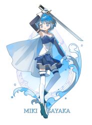  1girl :o ankle_boots aqi233 arm_up blue_eyes blue_footwear blue_hair blue_skirt bodice boots cape character_name detached_sleeves dot_nose fortissimo full_body gloves hair_ornament highres leg_up looking_at_viewer mahou_shoujo_madoka_magica mahou_shoujo_madoka_magica_(anime) miki_sayaka musical_note musical_note_hair_ornament no_sclera open_mouth short_hair simple_background skirt solo staff_(music) standing standing_on_one_leg thighhighs water white_background white_cape white_gloves white_thighhighs 