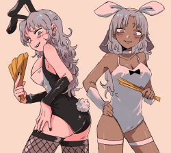  2girls alternate_color animal_ears ass black_leotard black_nails breasts cleavage commentary_request cookie_(touhou) cowboy_shot dark-skinned_female dark_skin dual_persona fake_animal_ears fake_tail fingernails fishnet_thighhighs fishnets flour_(cookie) folding_fan grey_eyes grey_hair hand_fan highres holding holding_fan kumoi_ichirin large_breasts leotard long_hair looking_at_viewer medium_bangs multiple_girls open_mouth playboy_bunny rabbit_ears rabbit_tail rikadai sharp_teeth simple_background smile tail teeth thigh_strap thighhighs touhou white_leotard 