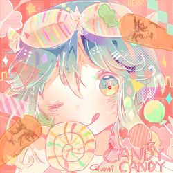  1girl ;q berry_(bery_06) candy candy_candy_(song) carrot character_name food gumi lollipop one_eye_closed pale_color portrait short_hair solo song_name star-shaped_pupils star_(symbol) symbol-shaped_pupils tongue tongue_out vocaloid 
