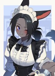  1girl :3 absurdres alternate_costume animal_ears apron black_hair blue_eyes blush coffee_cup colored_skin commentary cup disposable_cup dropping english_commentary enmaided failure final_fantasy final_fantasy_xiv grey_skin highres looking_at_viewer low_ponytail maid maid_apron maid_day maid_headdress midd_night miqo&#039;te one_eye_closed original solo tail tostantan warrior_of_light_(ff14) 