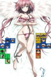  1girl angel angel_wings barefoot bed bikini blush bra breasts chain collar feet green_eyes highres ikaros large_breasts long_hair open_mouth panties pink_bikini pink_bra pink_hair screencap slave solo sora_no_otoshimono swimsuit tears tetris third-party_edit underwear very_long_hair wings  rating:Questionable score:46 user:GenzorD