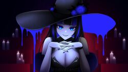  1girl absurdres black_hair blue_eyes blue_flower blue_hair blue_rose breasts candle commission dress flower highres large_breasts large_hat latex latex_dress looking_at_viewer moovalandi multicolored_hair original pomade rose slime_(substance) smile solo 