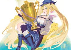  1girl baseball_cap blonde_hair blue_hat blue_skirt blue_socks breasts cleavage dokibird_(vtuber) ex-trident fingerless_gloves gloves green_eyes grey_jacket hat highres holding holding_trophy indie_virtual_youtuber jacket large_breasts long_hair long_sleeves looking_at_object open_clothes open_jacket open_mouth pleated_skirt purple_gloves skirt socks solo trophy very_long_hair virtual_youtuber 