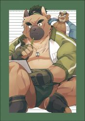  2boys absurdres animal_ears ashigara_(housamo) bara bare_pectorals bear_boy bear_ears border brown_fur closed_mouth dog_boy dog_ears dog_tags facial_hair fang fat fat_man fingerless_gloves furry furry_male gloves goatee_stubble green_border green_eyes green_jacket high_ponytail highres holding holding_paper holding_pen huge_eyebrows jacket large_pectorals male_focus mawashi multiple_boys muscular muscular_male neck_fur open_clothes open_jacket open_mouth paper pectorals pen sawch_cls scar scar_on_chest scar_on_face scar_on_leg sitting stubble sumo thigh_strap thinking toeless_footwear tokyo_houkago_summoners yasuyori_(housamo) 