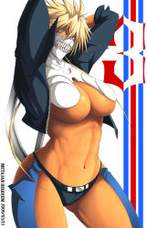  1girl abs angel_(kof) arms_up arrancar artist_name ass ass_cutout bleach blonde_hair blue_eyes breasts chaps clothing_cutout cosplay crossover crotch_cutout curvy dark-skinned_female dark_skin dated groin k-suwabe large_breasts looking_at_viewer midriff navel number_tattoo pants revealing_clothes snk solo spoilers tan tattoo the_king_of_fighters thong tier_harribel underboob  rating:Questionable score:93 user:danbooru