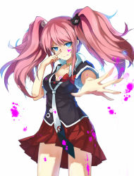  10s 1girl baisi_shaonian blue_eyes bow breasts choker cleavage danganronpa_(series) danganronpa:_trigger_happy_havoc enoshima_junko hair_ornament highres large_breasts nail_polish necktie outstretched_hand pink_hair pleated_skirt skirt sleeves_rolled_up smile solo spoilers white_background  rating:Sensitive score:15 user:danbooru