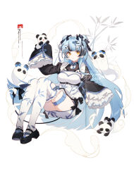  1girl :o animal animal_hood animal_on_hand animal_print apron arin_(fanfan013) artist_name bamboo bamboo_print bear_print belt belt_buckle black_belt black_bow black_footwear black_hair black_horns black_shrug blue_belt blue_bow blue_hair blue_ribbon blunt_bangs blunt_ends bow bow_legwear bow_skirt breasts buckle cleavage clothing_cutout commentary demon_horns double_bun earrings eyelashes floral_print flower frilled_apron frilled_sleeves frilled_thighhighs frills full_body ghost hair_bow hair_bun hair_flower hair_ornament hair_ribbon hairclip high_belt hood horns jewelry juliet_sleeves large_breasts leaf light_blush long_hair long_sleeves looking_to_the_side mary_janes microskirt multicolored_hair neck_ribbon neck_tattoo original panda panda_hood panda_print parted_lips pom_pom_(clothes) pom_pom_earrings puffy_sleeves ribbon ribbon_legwear shoes simple_background skirt sleeve_ribbon sleeves_past_fingers sleeves_past_wrists small_horns smoke solo streaked_hair symbol-only_commentary tassel tassel_hair_ornament tattoo thigh_belt thigh_cutout thigh_strap thighhighs very_long_hair watermark white_apron white_background white_flower white_skirt white_thighhighs yellow_eyes 