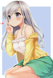  1girl between_legs blue_background blush braid braided_bangs breasts camisole cleavage closed_mouth gaichi green_skirt grey_eyes grey_hair hair_between_eyes hand_between_legs hand_up heart highres hisakawa_hayate idolmaster idolmaster_cinderella_girls jacket long_hair long_sleeves medium_breasts off_shoulder open_clothes open_jacket outline skirt solo two-tone_background v very_long_hair white_background white_camisole white_outline yellow_jacket 