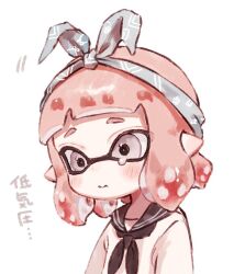  1girl 3: bandana black_neckerchief black_sailor_collar blue_bandana blush closed_mouth commentary grey_eyes inkling inkling_girl inkling_player_character motion_lines neckerchief nintendo pink_hair plum0o0 sailor_collar shirt short_bangs short_eyebrows short_hair simple_background single_tear solo splatoon_(series) suction_cups symbol-only_commentary tentacle_hair upper_body white_background white_shirt 