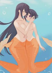  2girls absurdres air_bubble black_hair breasts bubble buran_buta closed_eyes fins fish_tail hand_on_another&#039;s_face highres izumi_jun izumi_umiko large_breasts long_hair looking_at_another mermaid monster_girl mother_and_daughter multiple_girls navel original purple_eyes short_hair tail topless underwear  rating:Questionable score:15 user:fekler99