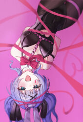  1girl animal_ears arms_behind_back bare_shoulders black_leotard black_ribbon black_thighhighs blue_eyes blue_hair blunt_bangs blurry blurry_background blush bound bow bowtie breasts chest_harness clothing_cutout covered_navel cowboy_shot cutout_above_navel detached_collar fake_animal_ears hair_ornament hair_ribbon hairband harness hatsune_miku heart_cutout highres leotard long_hair mang_ch medium_breasts necktie open_mouth pink_bow pink_bowtie pink_necktie pink_pupils pink_ribbon playboy_bunny rabbit_ears rabbit_hair_ornament rabbit_hole_(vocaloid) ribbon solo teardrop_facial_mark teeth thighhighs tied_up_(nonsexual) tongue twintails upper_teeth_only upside-down vocaloid white_hairband x_hair_ornament 