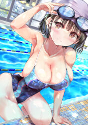  1girl absurdres black_hair black_one-piece_swimsuit blush breasts brown_eyes cleavage competition_swimsuit cowboy_shot embarrassed goggles goggles_on_head groin highres lane_line large_breasts nose_blush ogata_tei one-piece_swimsuit original pool short_hair solo swim_cap swimsuit two-tone_swimsuit 