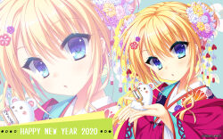 1girl 2020 alternate_costume alternate_hairstyle animal blonde_hair blue_eyes blue_kimono blush blush_stickers cherry_blossom_print chestnut_mouth chinese_zodiac company_name dated double_bun drop_shadow eyelashes eyes_visible_through_hair floral_print flower hair_between_eyes hair_bun hair_flower hair_ornament hairclip hands_up happy_new_year highres holding holding_animal japanese_clothes kanzashi kimono kin-iro_loveriche kisaki_reina layered_clothes layered_kimono light_blue_background long_hair long_sleeves looking_at_viewer mouse_(animal) new_year official_art official_wallpaper parted_lips pink_flower pink_kimono print_kimono purple_flower sidelocks simple_background solo toranosuke upper_body white_flower wide_sleeves year_of_the_rat yellow_flower