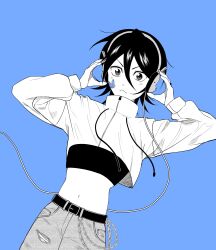  1girl :&lt; absurdres alternate_costume animal_print belt black_belt black_hair black_shirt bleach blue_background chain closed_mouth commentary_request cowboy_shot crop_top cropped_jacket denim double-parted_bangs dutch_angle gwao_(_ul_13) hair_between_eyes hands_up headphones highres jacket jeans korean_commentary kuchiki_rukia light_blush long_sleeves looking_at_viewer medium_hair navel pants partially_colored rabbit_print rabbit_sticker shirt simple_background solo sticker_on_face tsurime v-shaped_eyebrows white_jacket wide-eyed zipper 