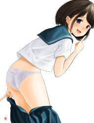  1girl absurdres artist_logo blue_eyes blue_sailor_collar blue_skirt blush bob_cut clothes_pull commentary cowboy_shot from_side highres index_finger_raised looking_at_viewer nao_suke open_clothes open_mouth open_skirt original panties pleated_skirt pulled_by_self sailor_collar school_uniform serafuku shirt short_hair short_sleeves simple_background skirt skirt_pull smile solo standing underwear uniform white_background white_panties white_shirt 