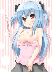  1girl blue_hair blush breasts female_focus karaage3 large_breasts long_hair nipples original solo striped striped_background translation_request two_side_up vertical_stripes  rating:Questionable score:15 user:danbooru