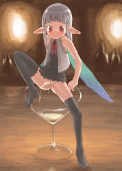  1girl black_dress bottomless cleft_of_venus cup dress fairy gouchin_(nyou-tou) grey_hair loli long_hair mini_person minigirl no_panties peeing peeing_in_cup pointy_ears pussy red_eyes simple_background thighhighs uncensored wings  rating:Explicit score:111 user:masian