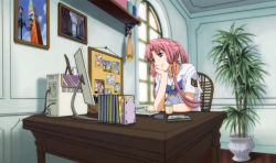  00s 1girl absurdres aged_up alternate_hair_length alternate_hairstyle aria_(manga) aria_the_animation aria_the_natural aria_the_origination blouse cd_case computer desk drawing_(object) hair_tubes head_rest highres keyboard_(computer) long_hair mizunashi_akari monitor non-web_source pink_hair ponytail room shirt solo very_long_hair white_shirt  rating:Sensitive score:9 user:danbooru